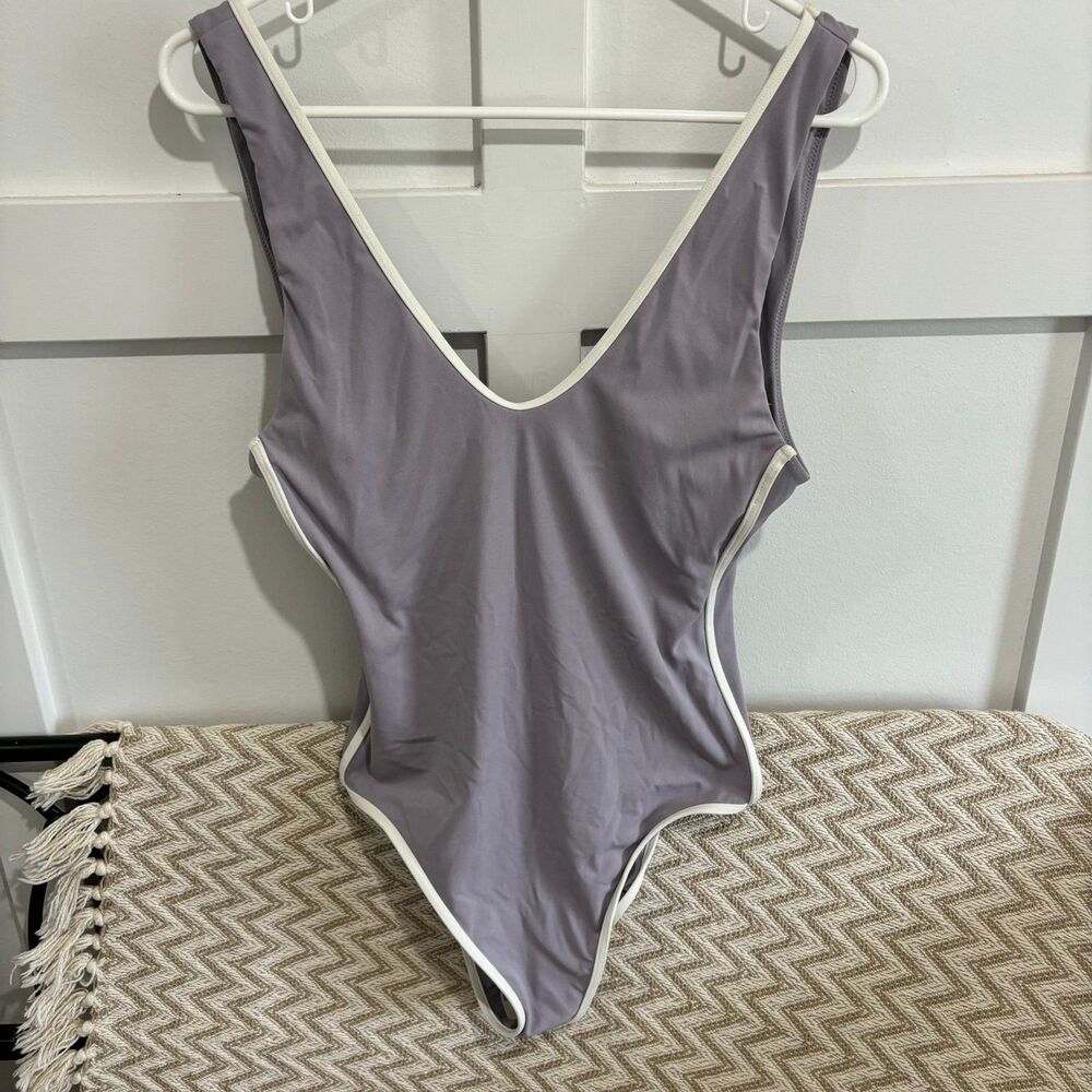 Aerie One Piece Full Coverage Swimsuit Purple White Size Medium Long NWT